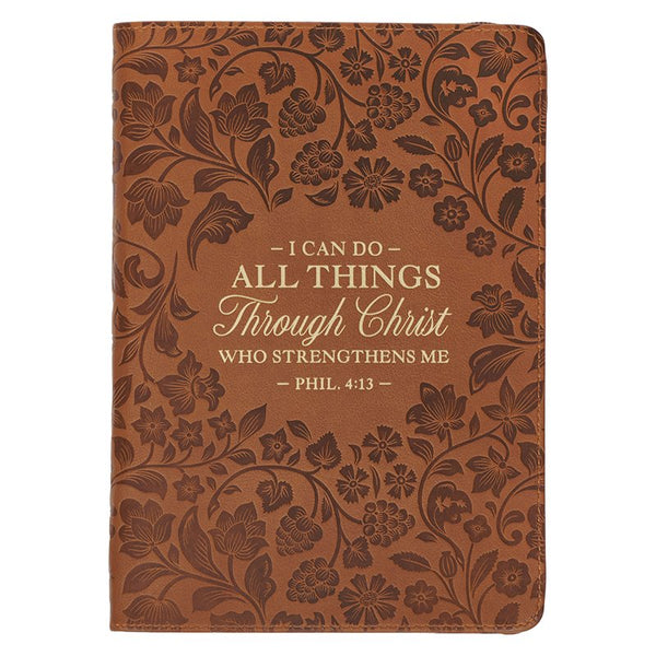 All Things Through Christ Zipper Journal, Brown Floral