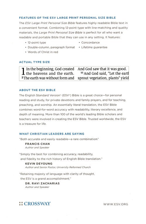 ESV Large Print Personal Size Bible, Chestnut