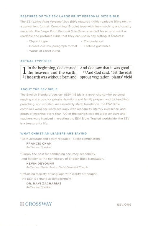 ESV Large Print Personal Size Bible, Forest/Tan