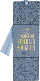 Strength and Dignity Blue Cottage Garden Faux Leather Bookmark - Proverbs 31:25