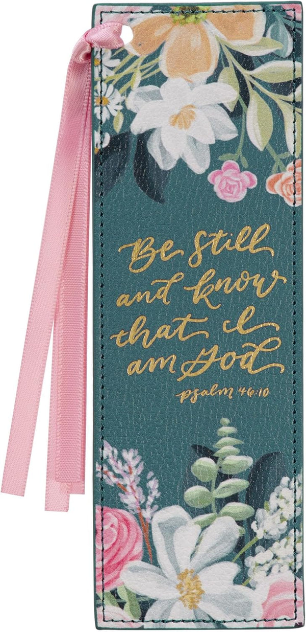 Be Still and Know Teal Floral Faux Leather Bookmark