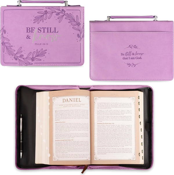 Be Still & Know Purple Laurel Faux Leather Bible Cover, Large