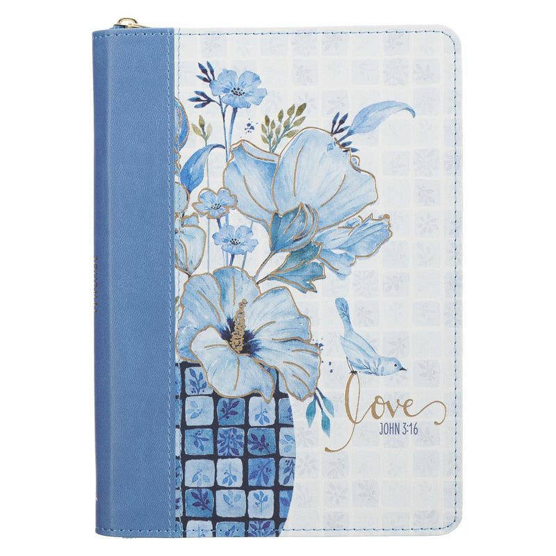 Love Blue Floral Tile Faux Leather Journal with Zipper Closure