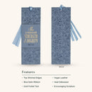 Strength and Dignity Blue Cottage Garden Faux Leather Bookmark - Proverbs 31:25