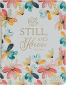2027 Be Still and Know Large Zippered White Floral Faux Leather 18-Month Planner for Women - Psalm 46:10