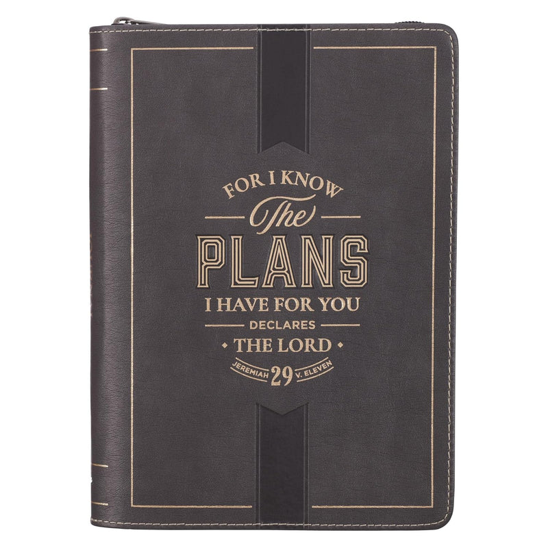 The Plans Charcoal Faux Leather Classic Journal with Zipper Closure- Jeremiah 29:11