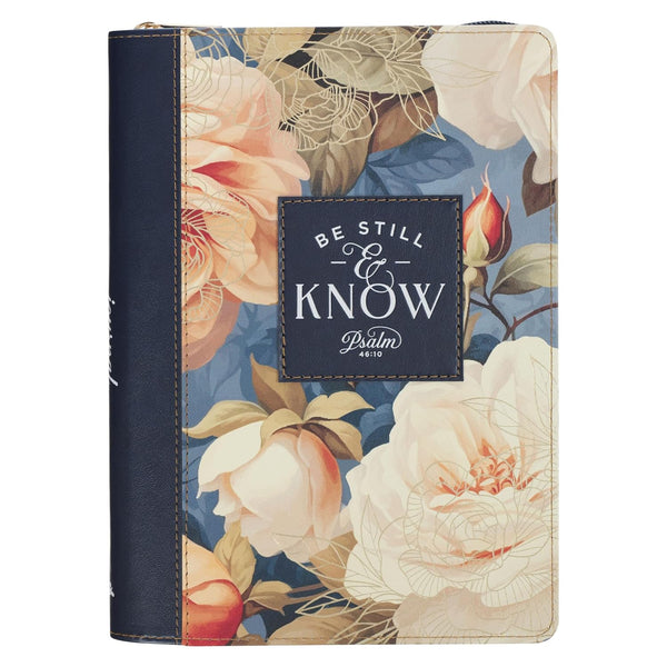 Be Still and Know Serene Roses Faux Leather Journal with Zipper Closure