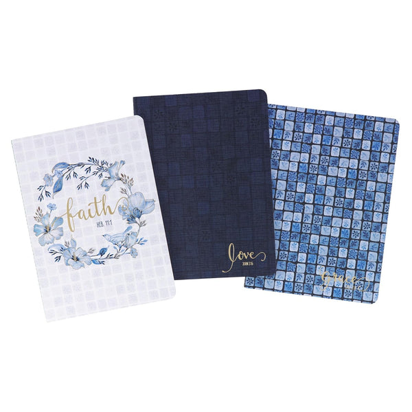 Faith Love and Grace Blue Floral Tile 3 Notebook Set