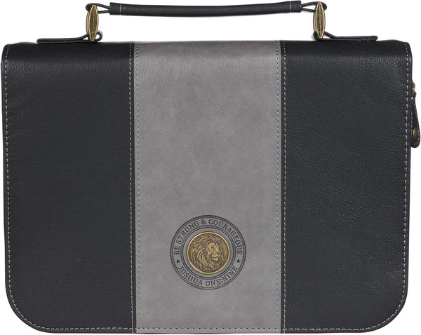 Be Strong and Courageous Gray and Black Faux Leather Classic Bible Cover, Large