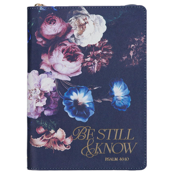 Be Still & Know Journal, Blue Floral Faux Leather with Zipper Closure JL729