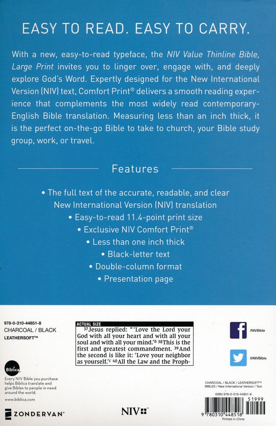 NIV Large Print Value Thinline Bible, Black